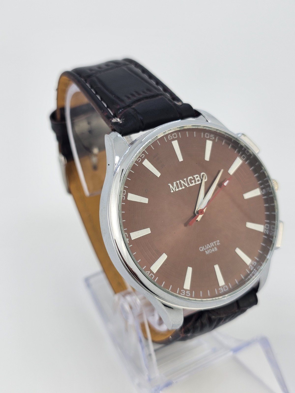 Men’s Analog Watch 45MM Brown Dial Dark Brown Faux Leather Bands New Battery