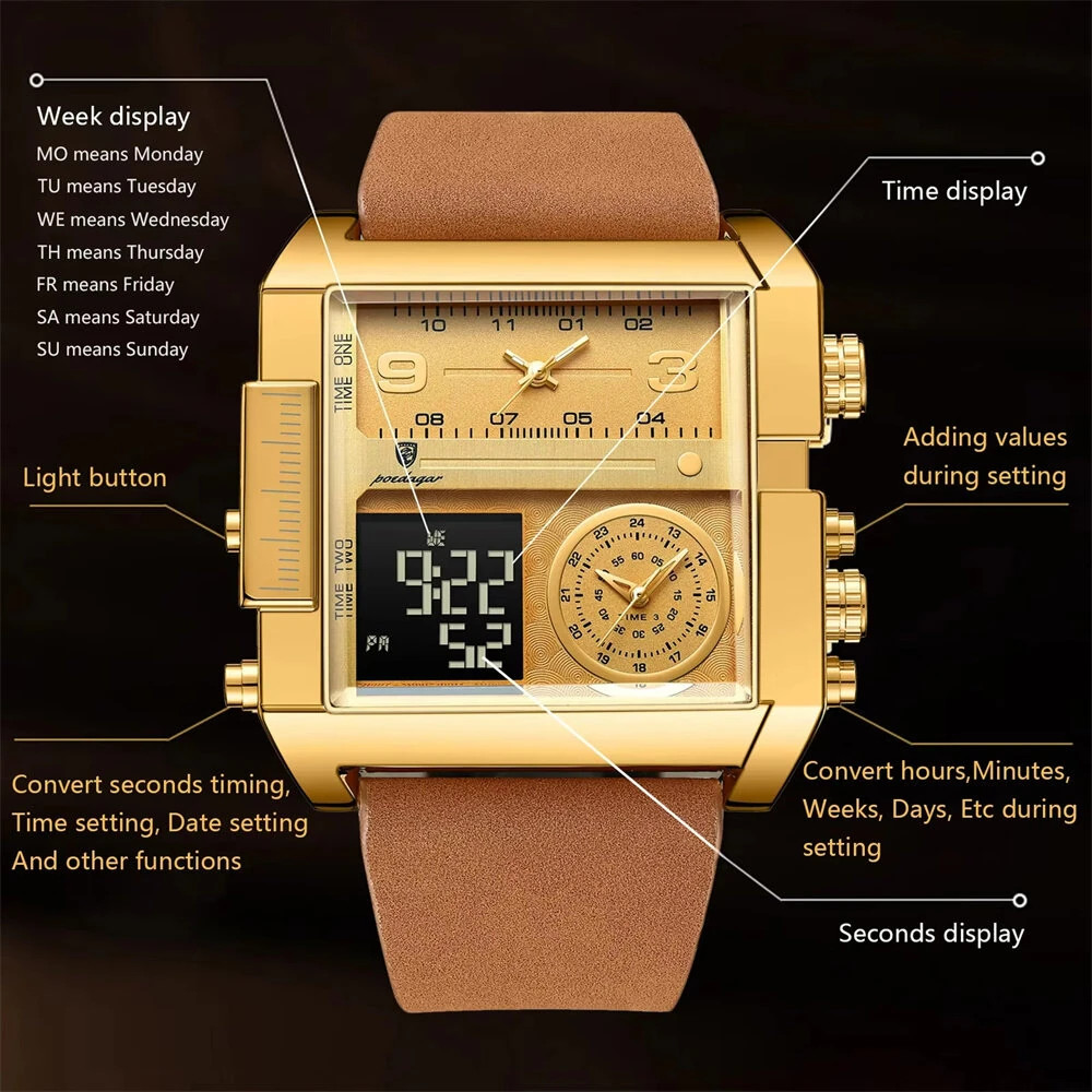 POEDAGAR Luxury Men Quartz Watch Fashion Rectangle Sport Watch Waterproof Multif