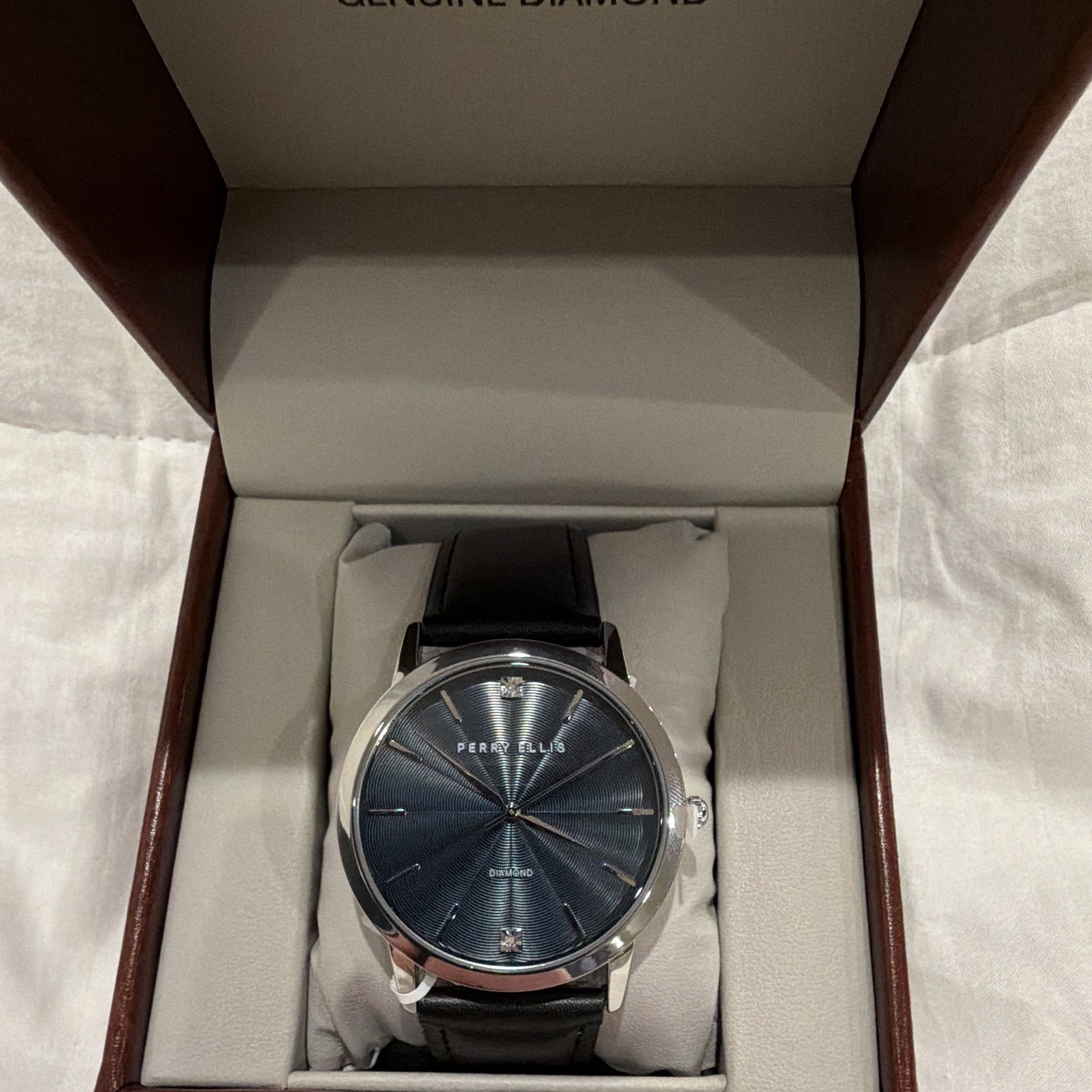 Perry Ellis Ultra Thin Genuine Diamond Quartz Blue Dial Black Leather Watch