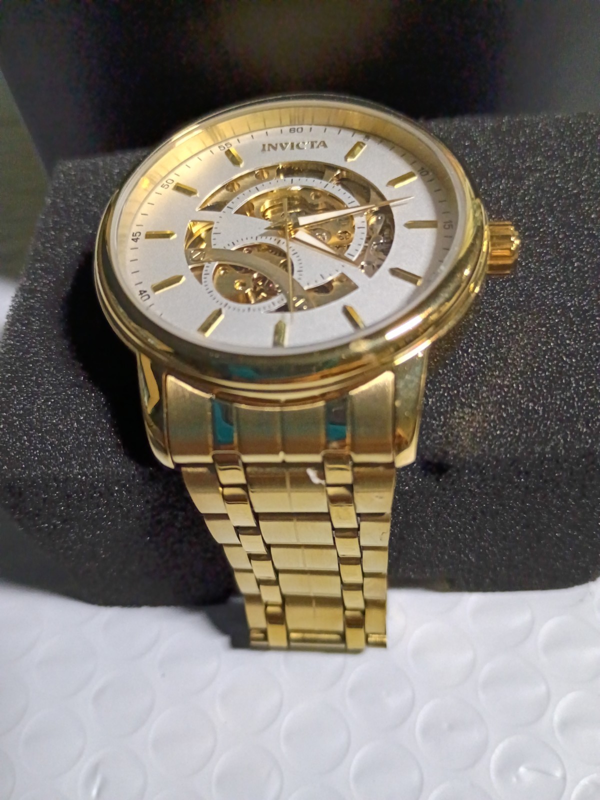 13- Invicta Objet D Art 69120 Automatic Skeleton Dial Watch – 42.5mm Gold NEW