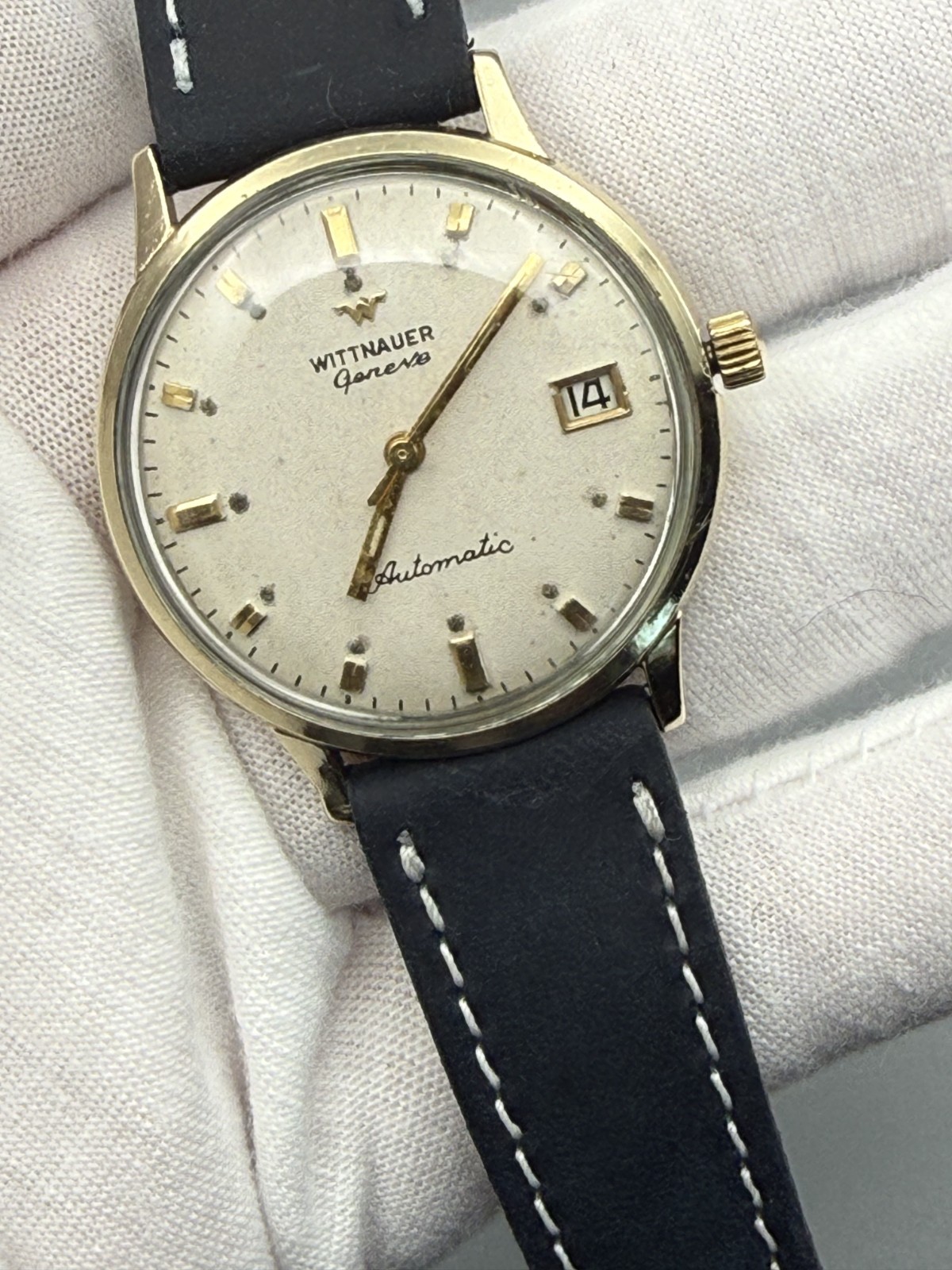 Wittnauer Geneve Automatic Swiss 10K RGP Gold Tone Watch Cream Dial Date 34.5mm