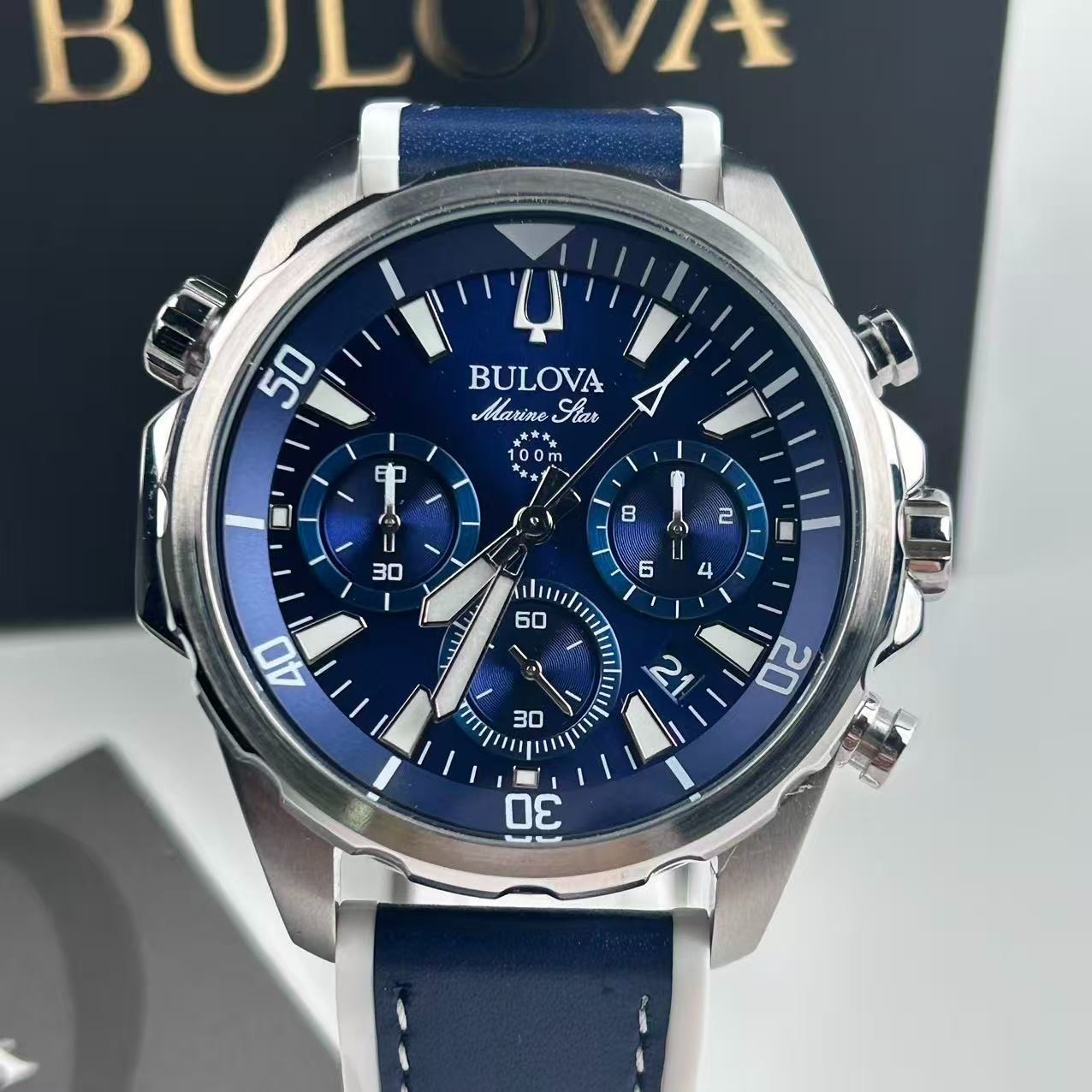 New Bulova Marine Star 96B287 Blue Dial Men’s Chronograph Quartz Watch 43 mm