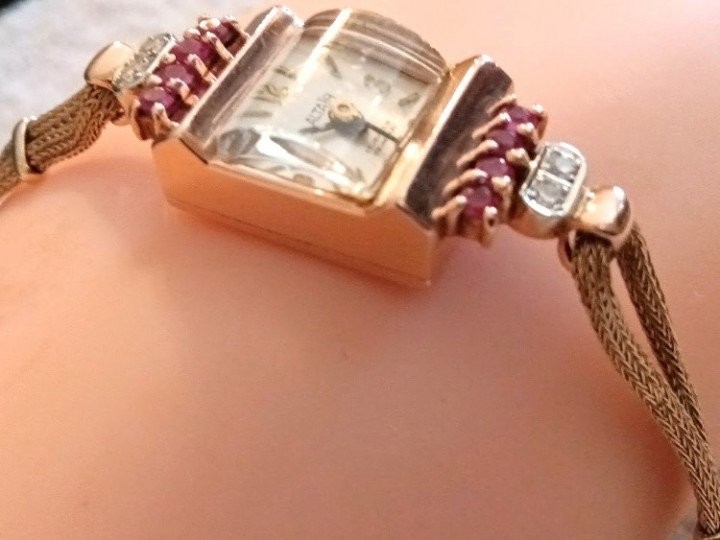 Antique Altair Hamilton 14 KT Rose Gold Ruby Diamond Ladies Wristwatch C 1930’s