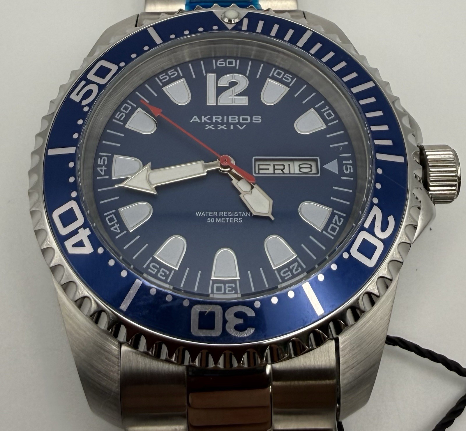 Akribos XXIV Mens Quartz Blue Dial Day/Date Diver 50m SS Bracelet 47mm