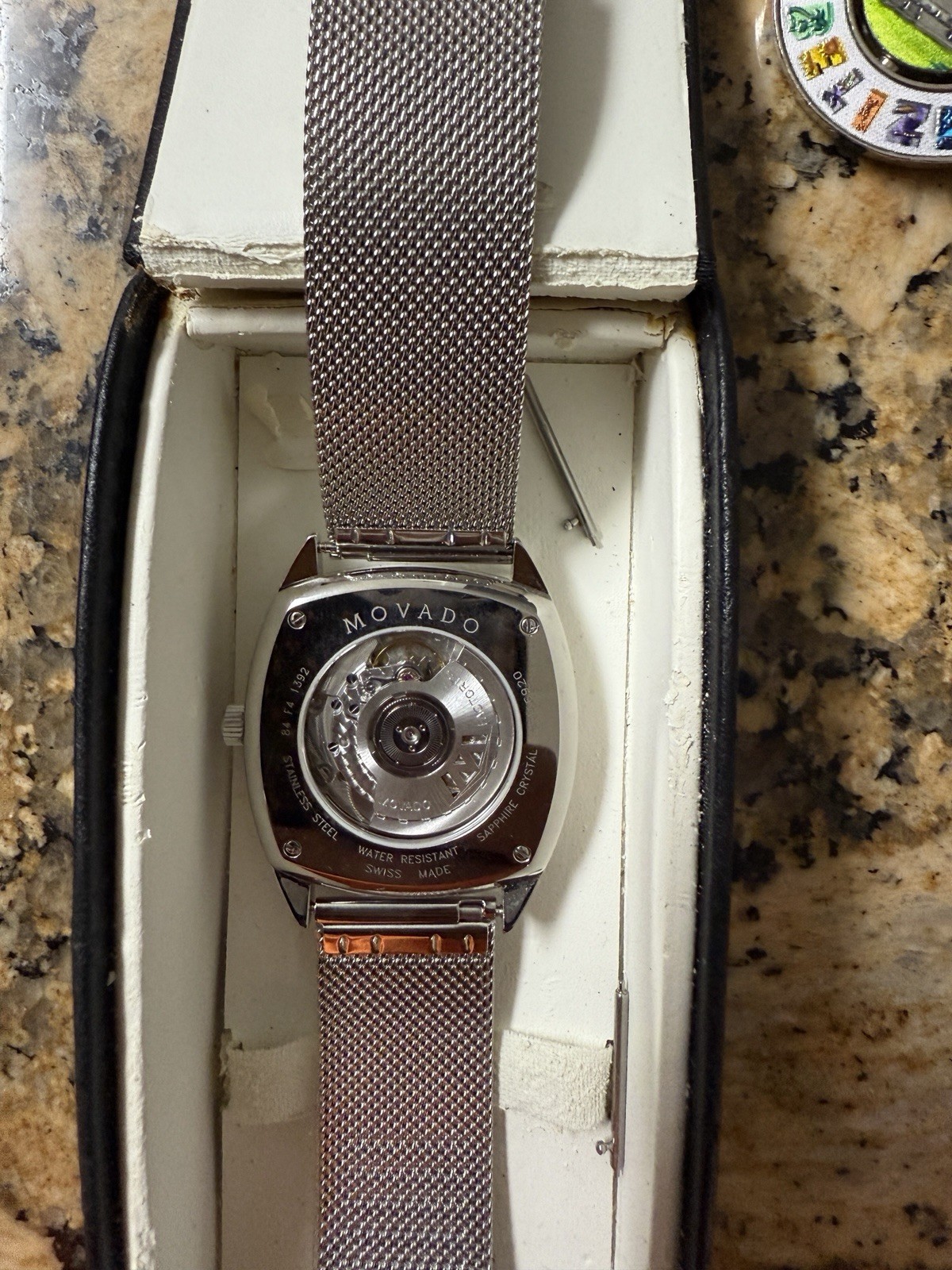 Movado Automatic Black Dial SS Cushion Case Mesh Bracelet w/Box + Leather