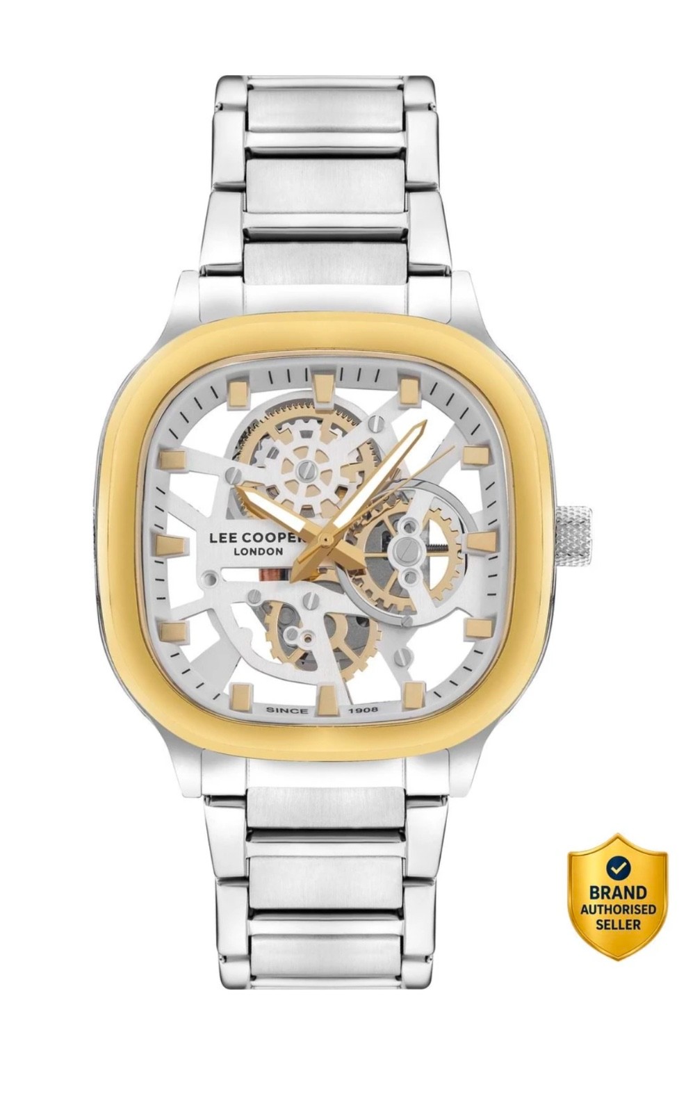 Lee Cooper London Men’s Automatic Skeleton Watch Black PVD Steel Gold Accents
