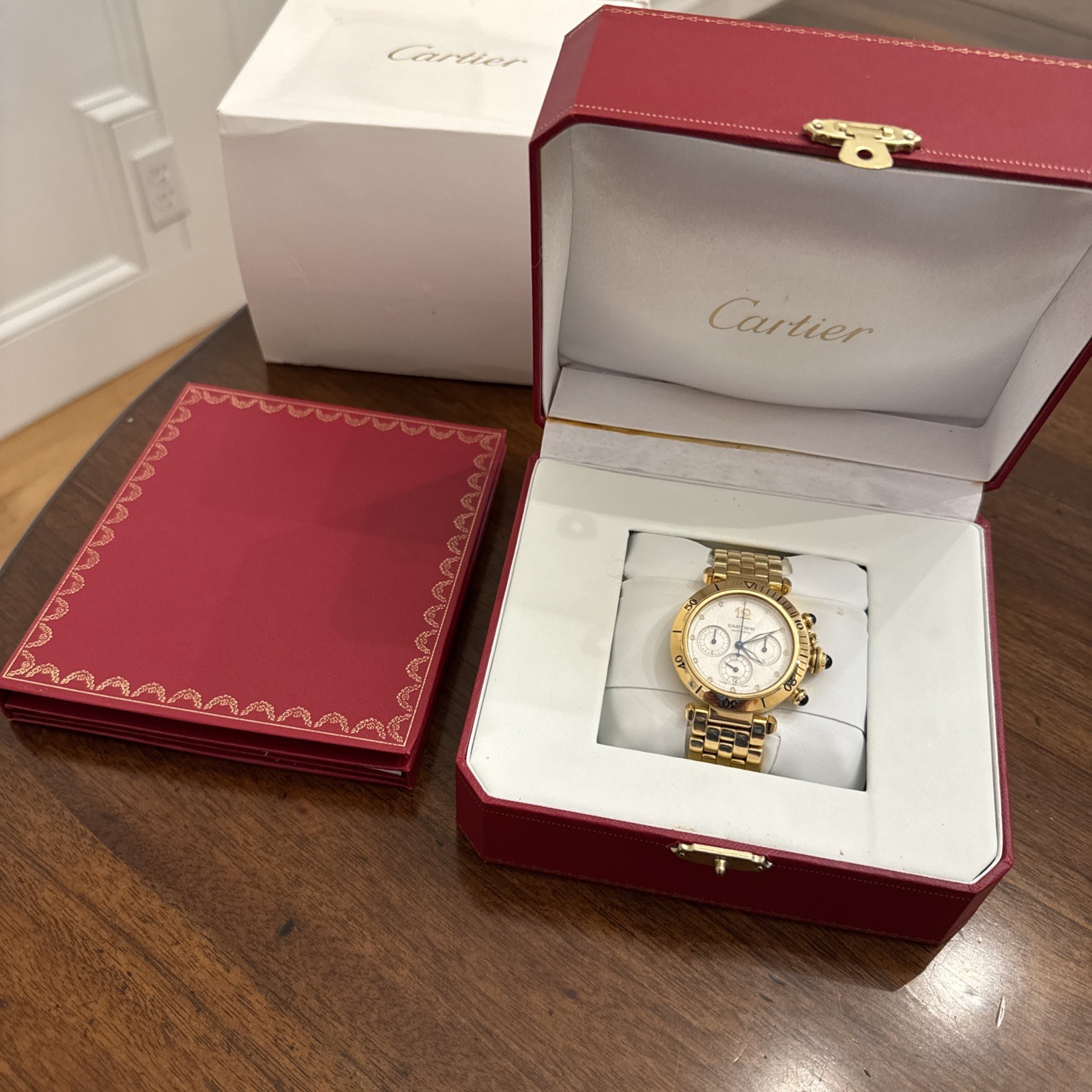 Cartier 18k Gold Pasha 38mm Chronograph Automatic W30140D1 box papers