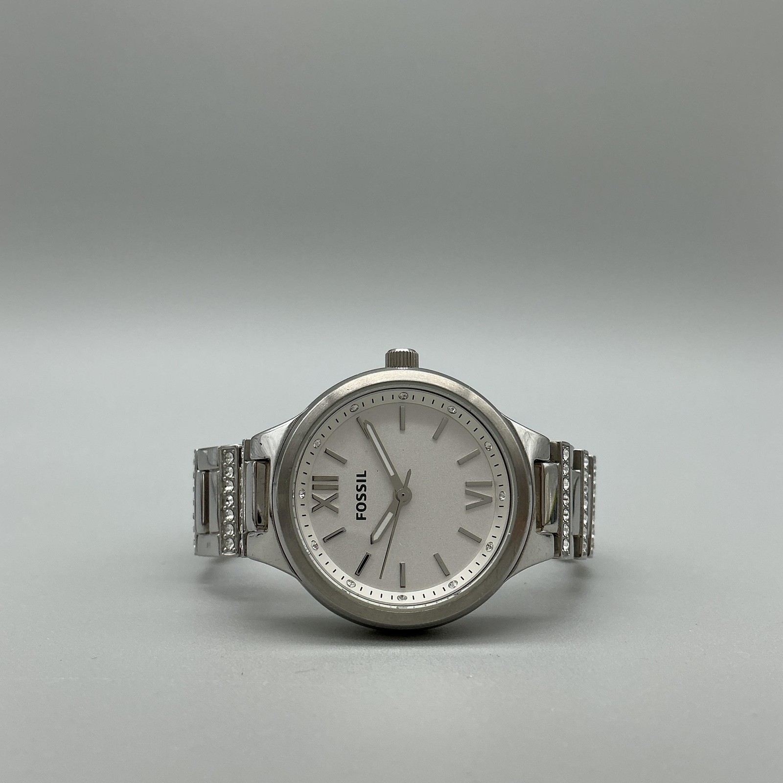 Fossil Spectacle Womens Watch 29mm Silver Tone Crystal Stainless New Battery 7″