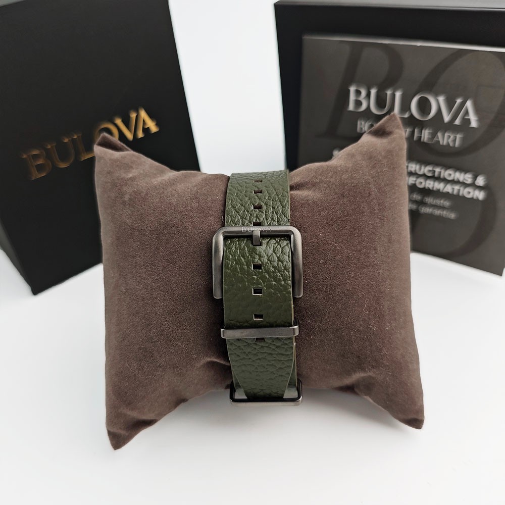 Bulova 98A255 Hack Black Dial Green Leather Strap Automatic Men’s Watch 38MM