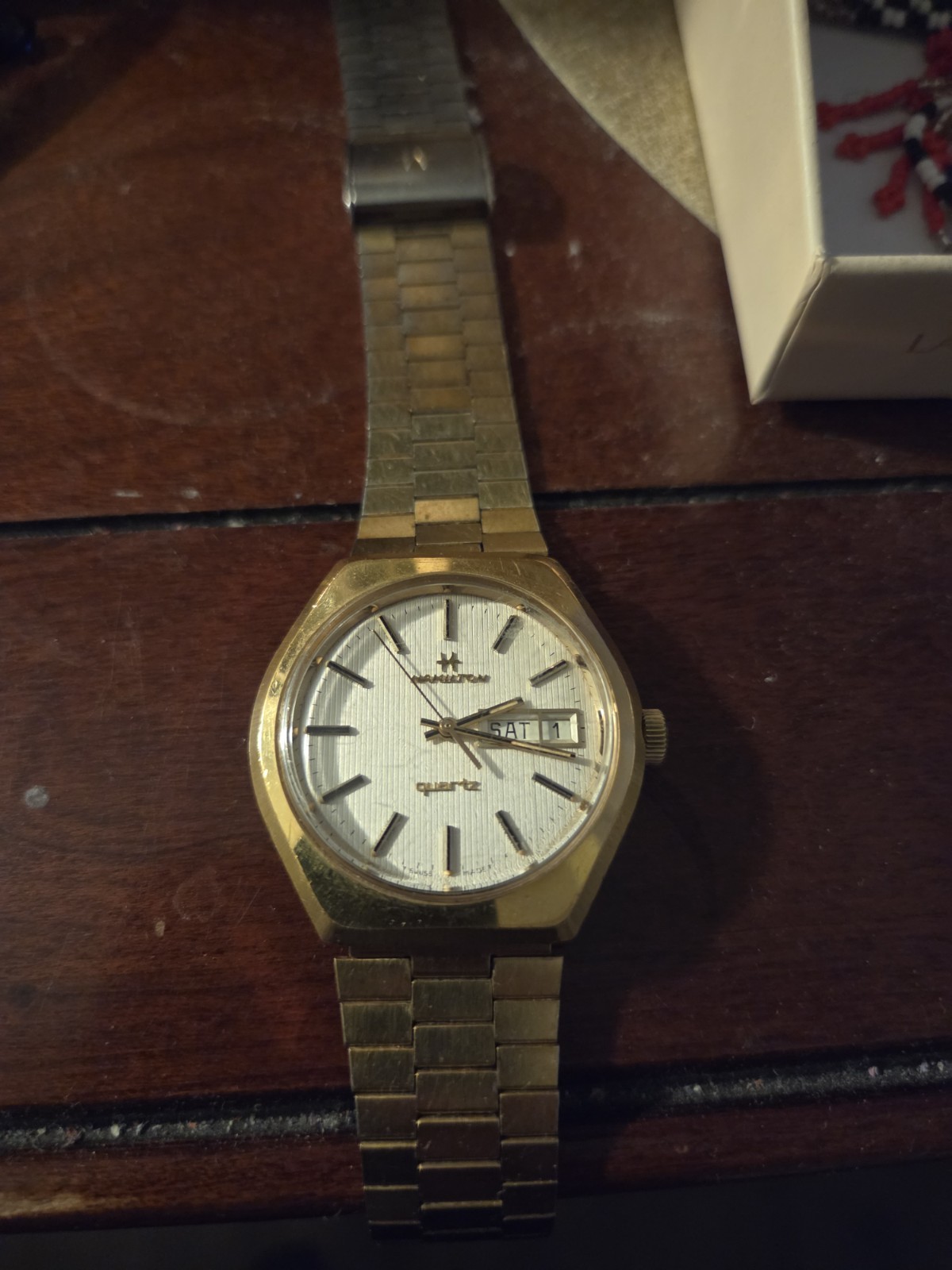 Hamilton Quartz Day/Date Hexagon Gold-Plated Case Silver Dial Brown Leather