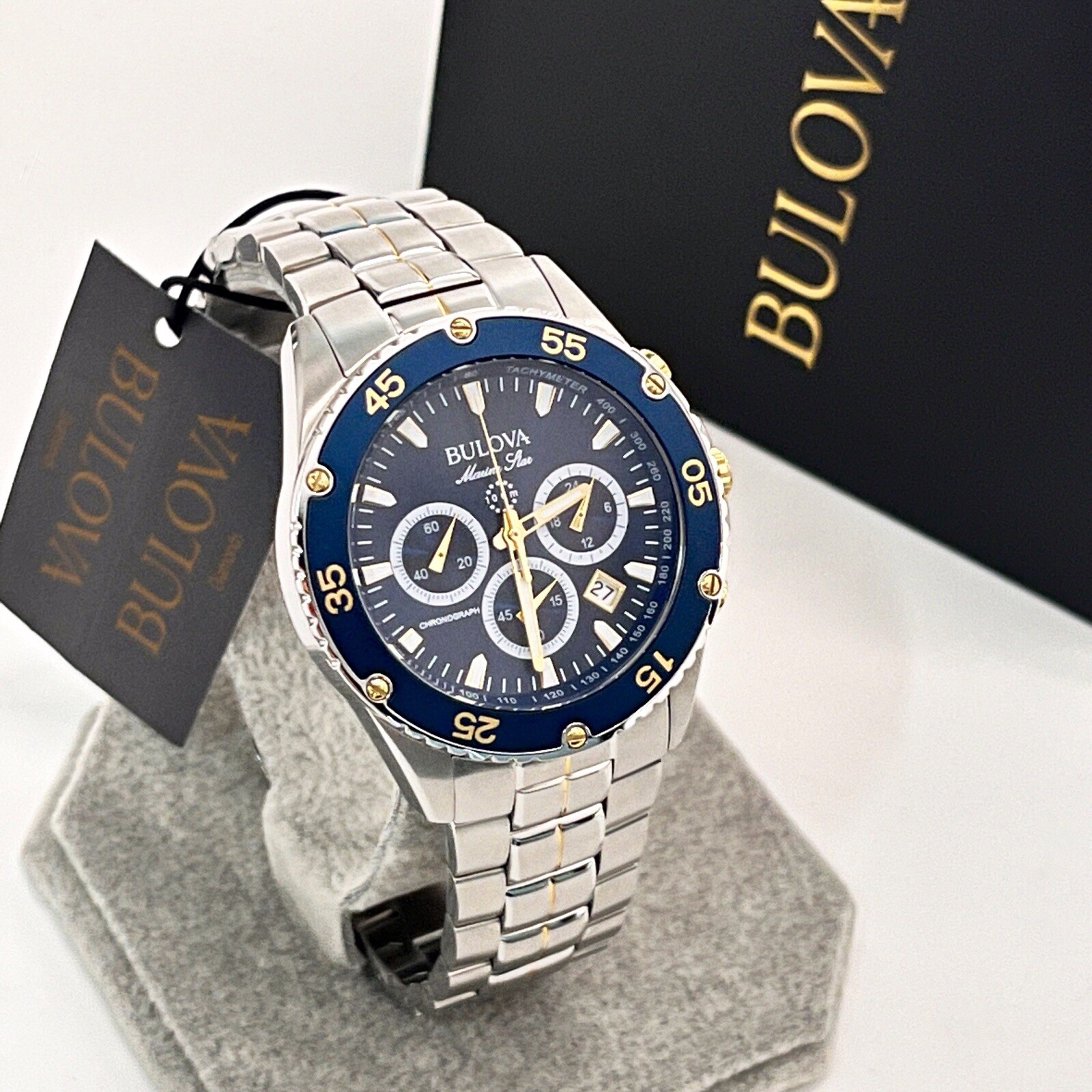 Bulova Marine Star 98B400 Blue Dial Stainless Steel Chronograph Men’s Watch New