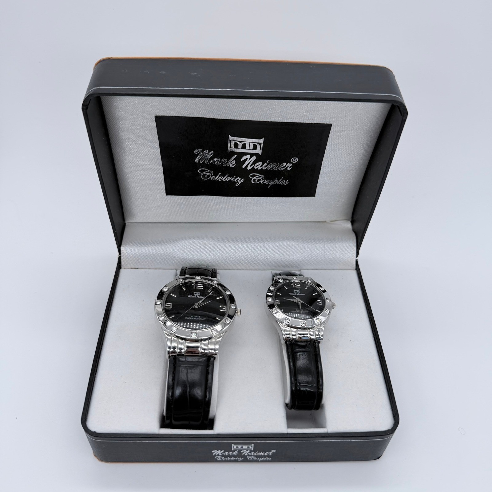 Mark Naimer Celebrity Couples Unisex Quartz Leather Black Crystal Watch Set