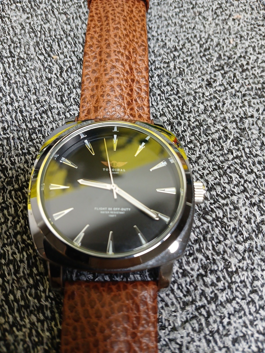 Torodial Flight Offduty Wristwatch. Black Face Sikver Bezel. Ostrich Type Band