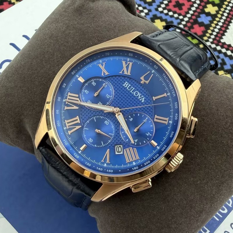 Bulova Classic Wilton Men’s 97B170 Blue Dial Blue Leather Quartz Watch 46.5mm
