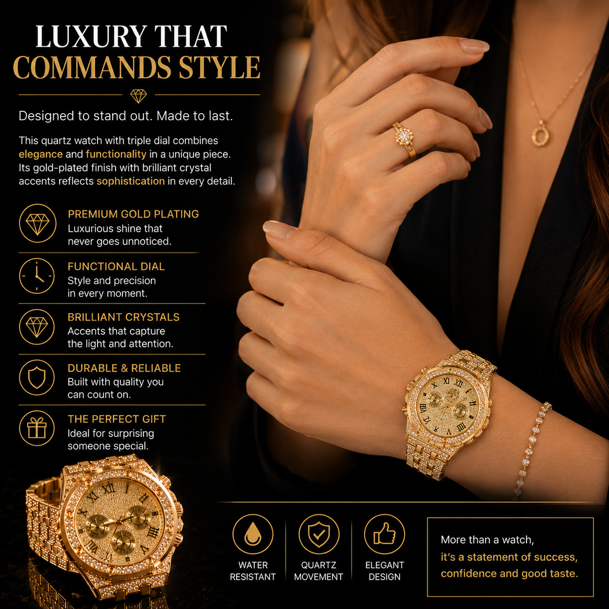 Luxury Gold Plated Triple Dial Quartz Watch with Rhinestones for Men