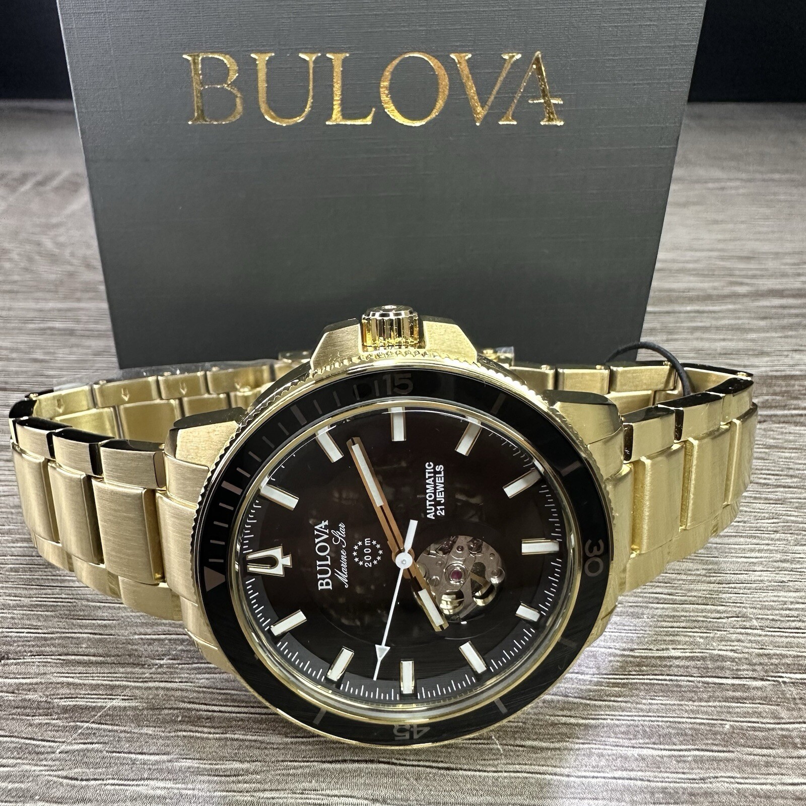 NEW✅AUTOMATIC✅ Bulova Marine Star Gold Tone Black Dial Skeleton Men Watch 97A174