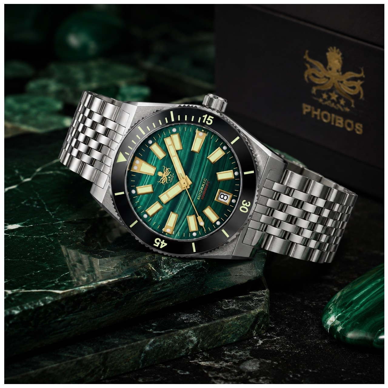 PHOIBOS Narwhal PY061A Men’s Diver Watch Green Malachite Dial Automatic 200m