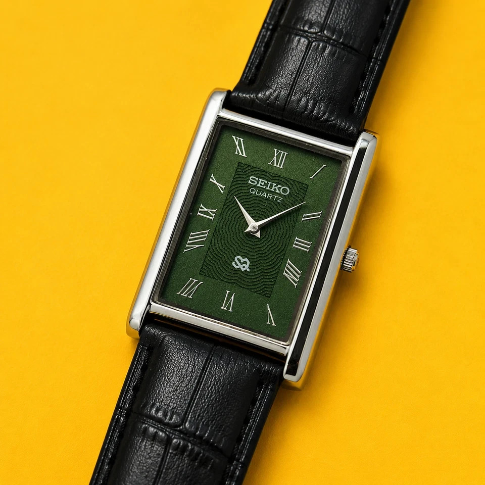 Vintage Refurbished Seiko Quartz Rectangular Green Dial Black Faux Leather Strap