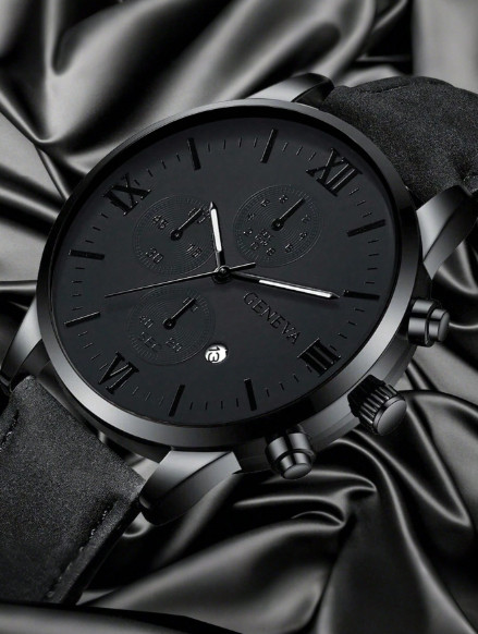 Men’s Black Wristwatch Geneva Roman Chronograph Quartz Watch, Faux Leather Strap