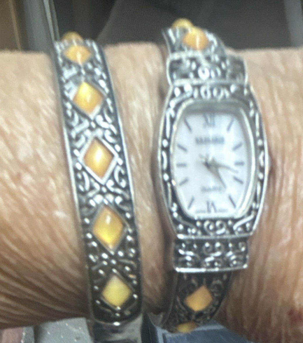 Vintage Women’s Silver Tone Bangle Quartz Analog Rectangle Watch Orange Accents