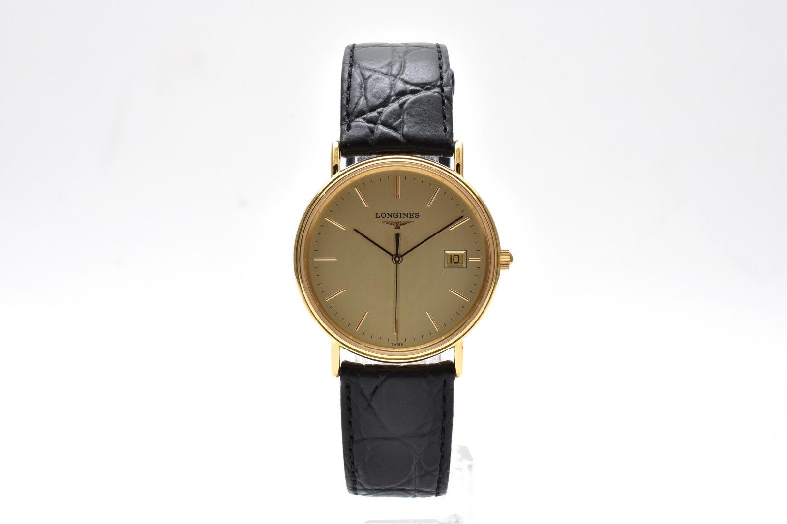 Vintage[Near MINT] LONGINES L4.720.2 Gold Dial Black New Batt Date Qz Mens JAPAN