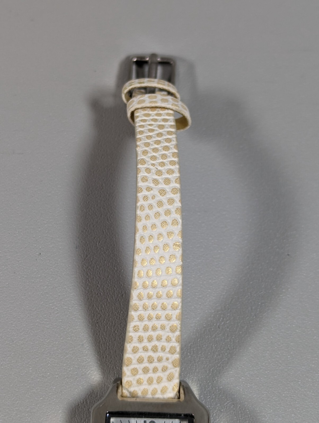 Silver Tone Dial Rectangle Case White Faux Leather Band Watch