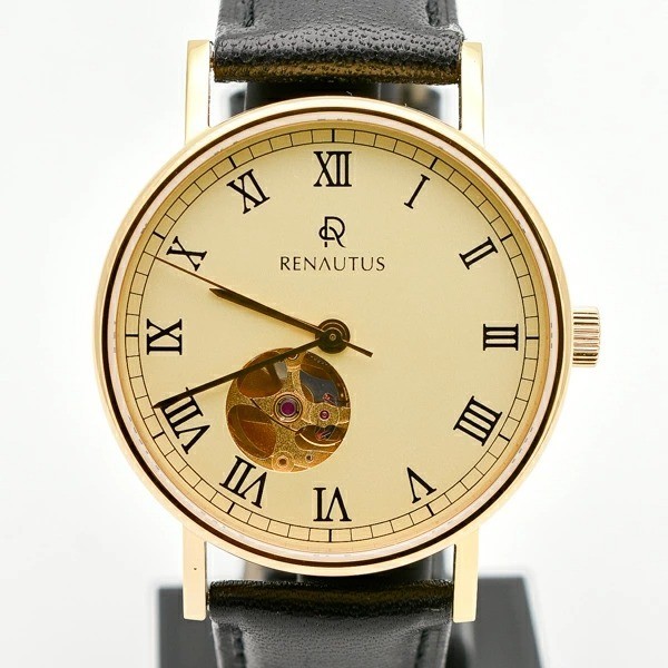 RENAUTUS Automatic Wristwatch Ivory Dial Stainless Steel Black Leather Band