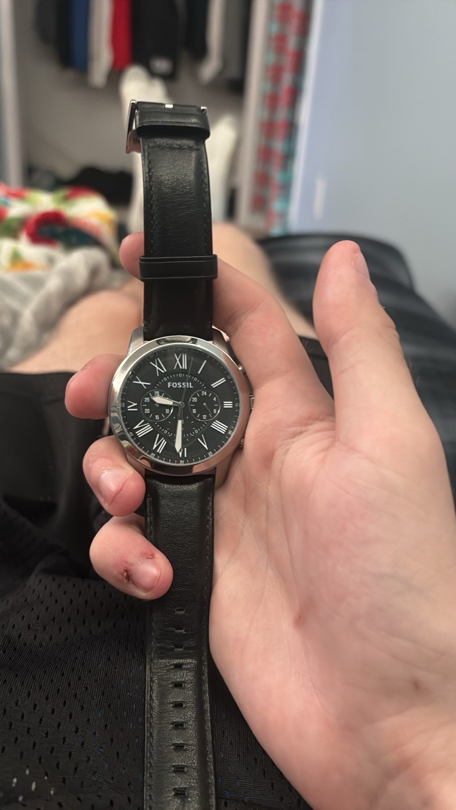 Fossil Grant Men’s Chronograph Quartz Watch Black Dial Leather Strap Roman
