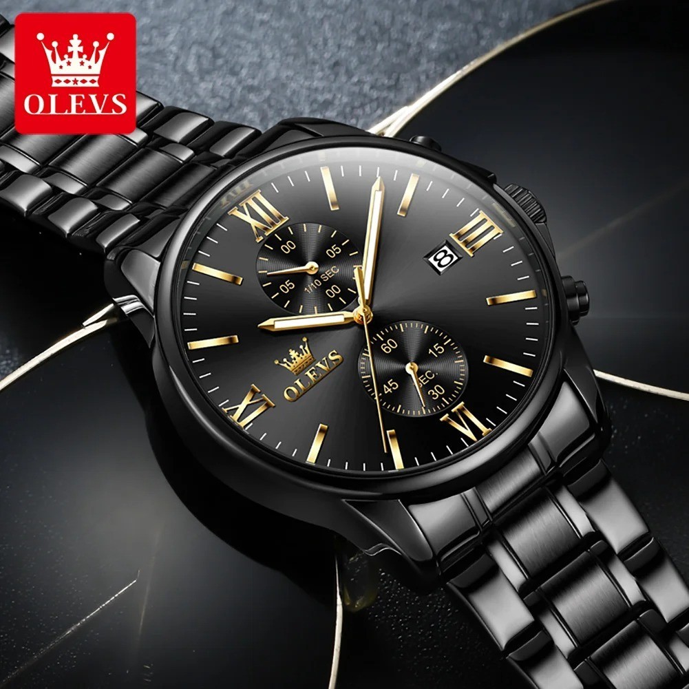 OLEVS 2886 Classic Black Quartz Watch for Men Elegant Chronograph Auto Date Cloc