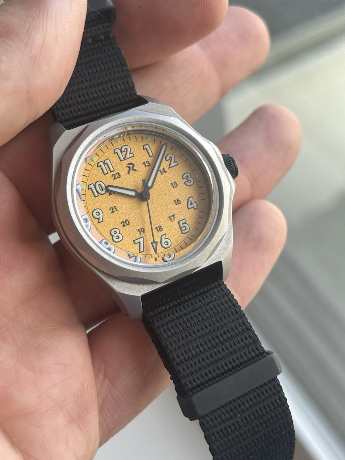 RZE Urbanist Titanium Quartz Watch Yellow Dial Black Nylon Strap 36mm Box