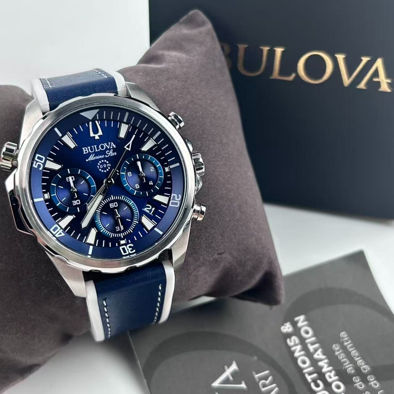 New Bulova Marine Star 96B287 Blue Dial Men’s Chronograph Quartz Watch 43 mm
