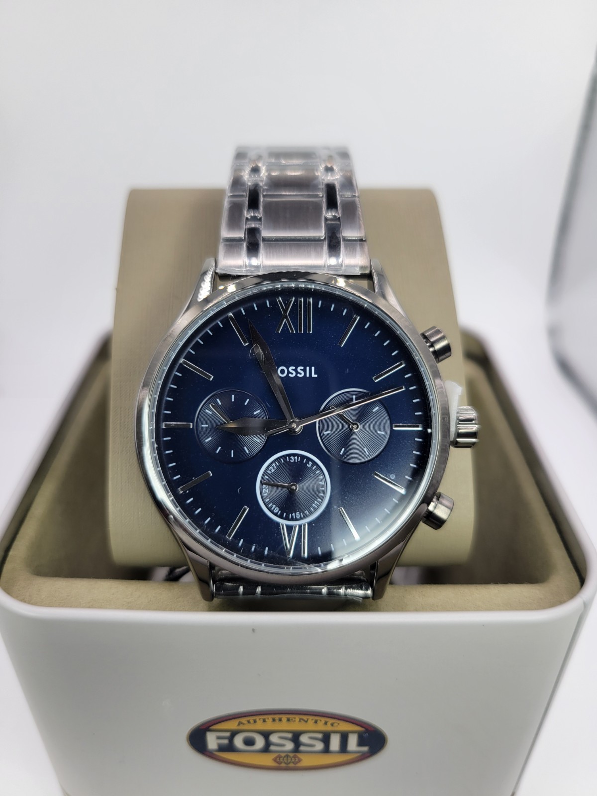 Mens FOSSIL Fenmore Multifunction Watch Blue Dial Day Date Stainless Steel Band