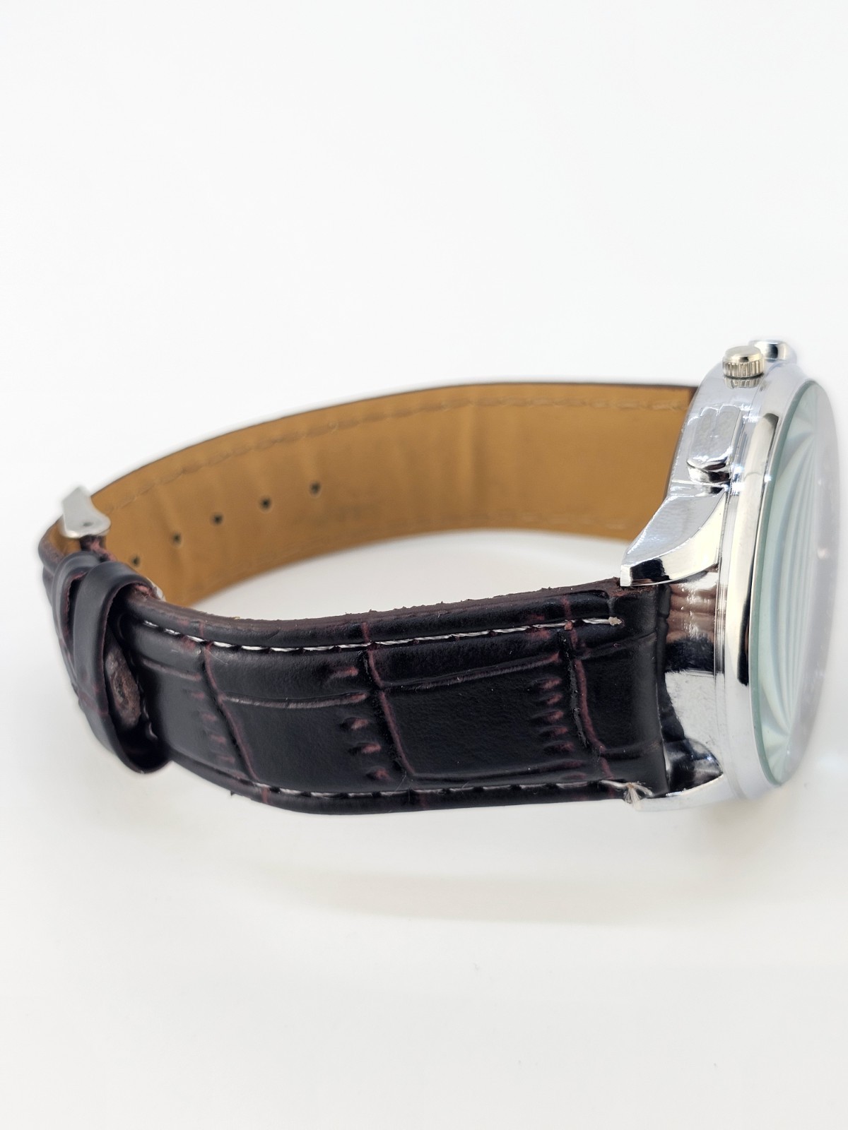 Men’s Analog Watch 45MM Brown Dial Dark Brown Faux Leather Bands New Battery