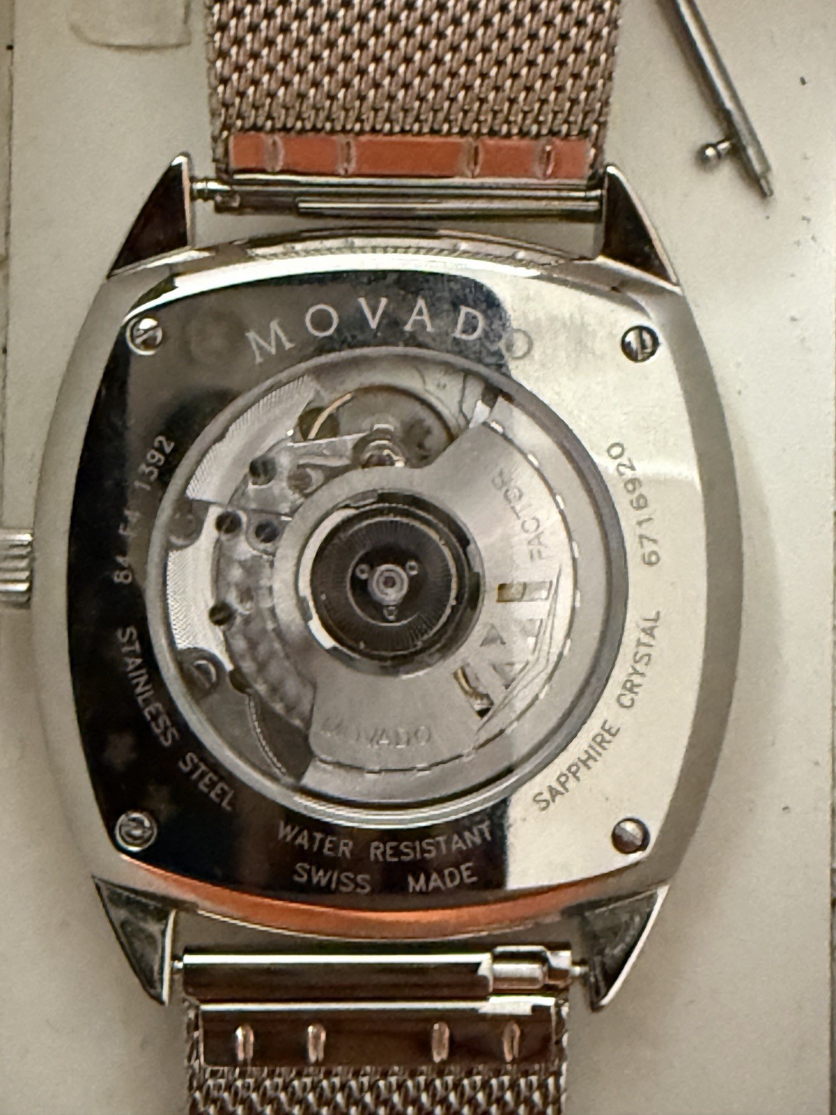 Movado Automatic Black Dial SS Cushion Case Mesh Bracelet w/Box + Leather