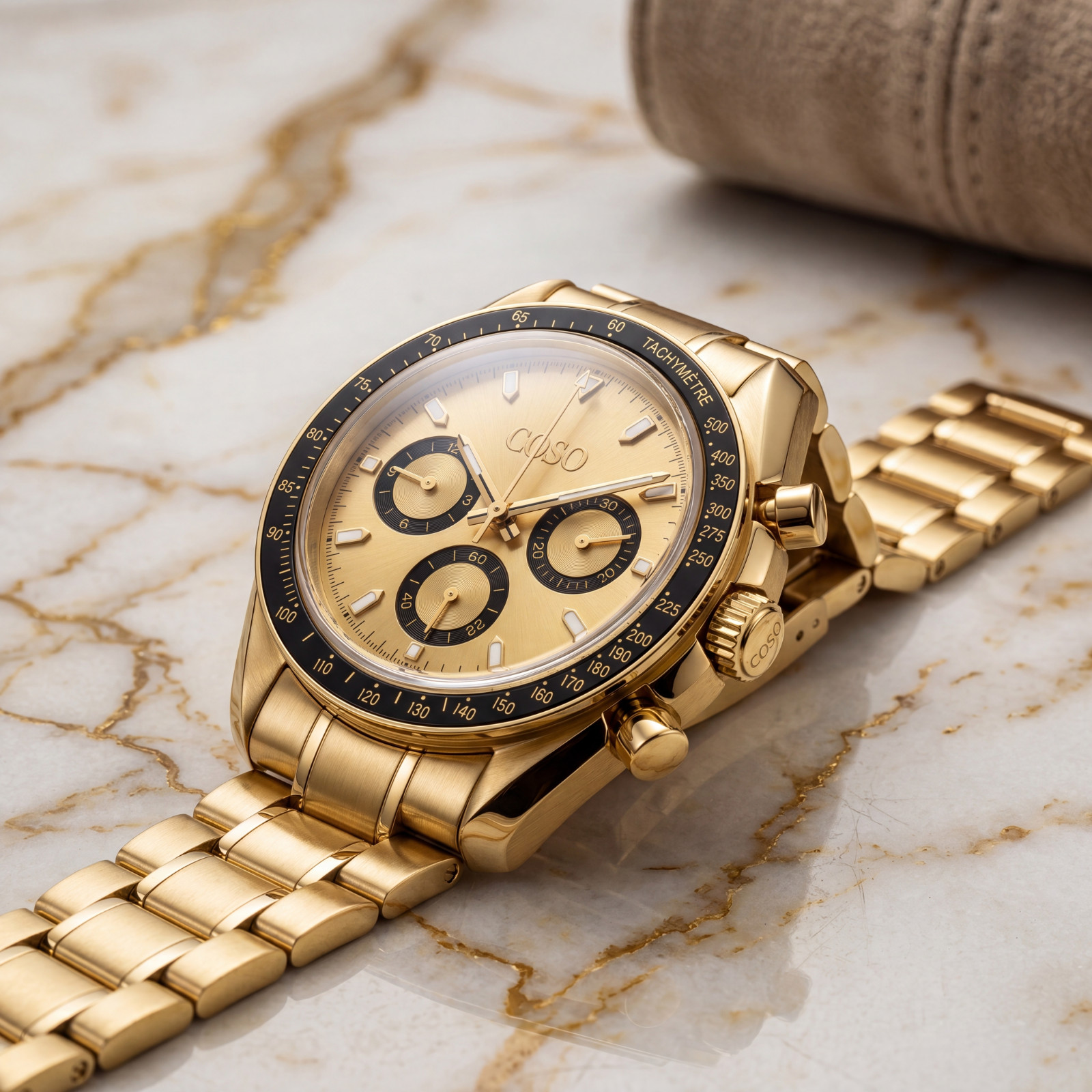 COSO Torvex Chronograph Mens Watch Gold Champagne Dial Black Bezel