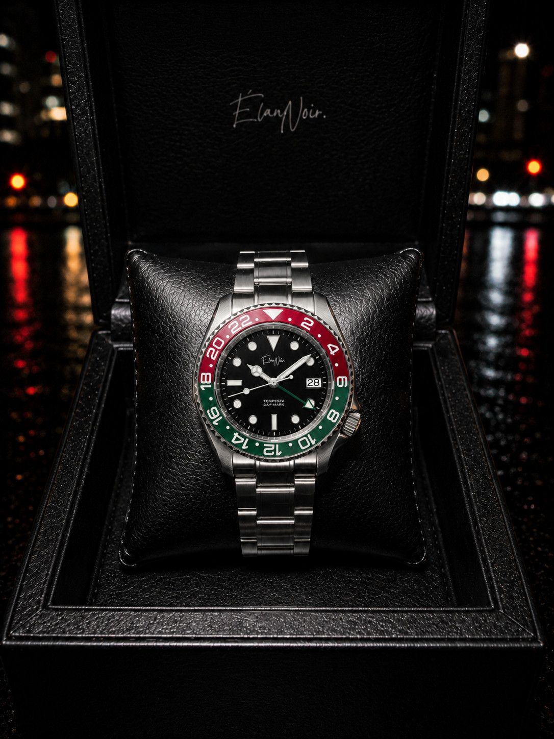 Men’s Automatic Dual Time Watch 41mm Red Green Bezel Black Dial Stainless Steel