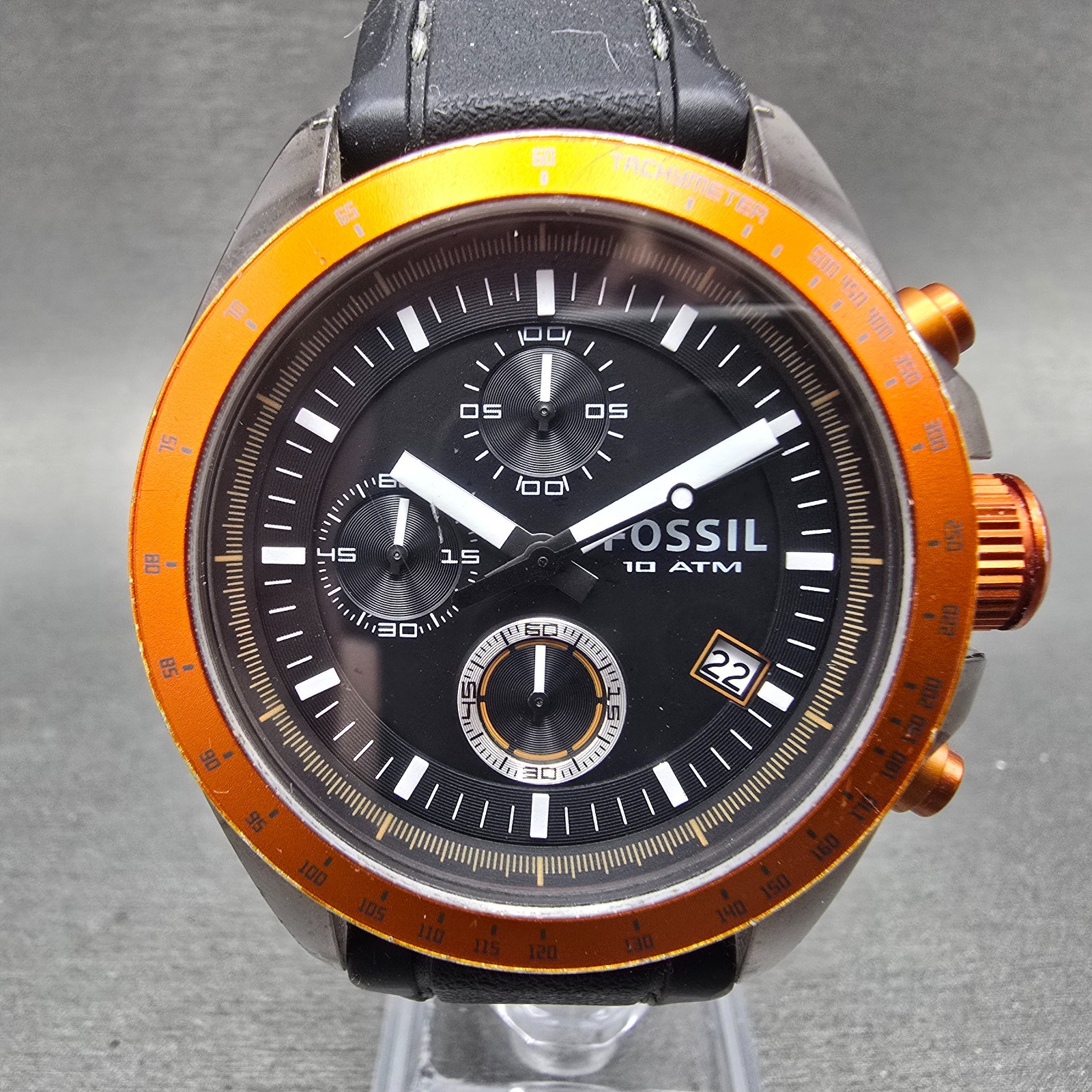 Fossil Chronograph Watch Men 43mm Black Dial Gray Tone Orange CH-2785 NewBattery