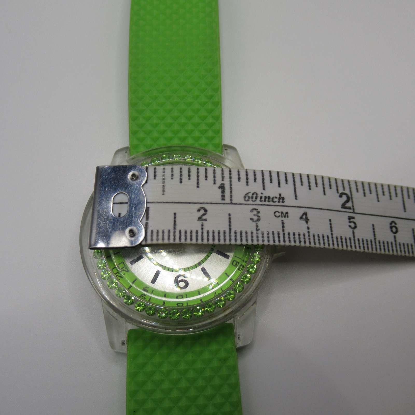 Neon Green Rubber Band Wristwatch Clear Case Silver Dial Japan Movt Fun Watch