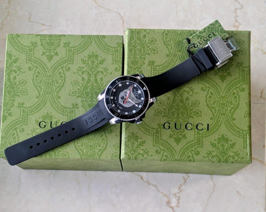 [B1P] GUCCI Watch G Timeless DIVE Cat Black YA136322 Rubber [m4z]