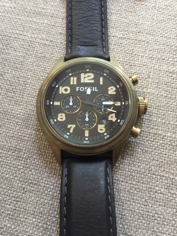 FOSSIL Vintage Bronze Chronograph Watch Black Leather Band DE5000