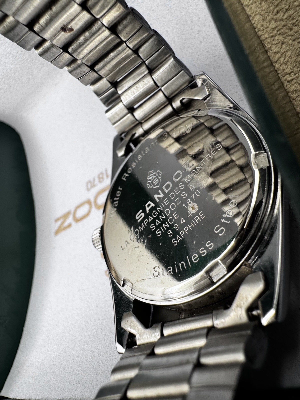 RARE SANDOZ QUARTZ PRESIDENT Silver Sapphire Diamond Black Dial Watch NO G2U