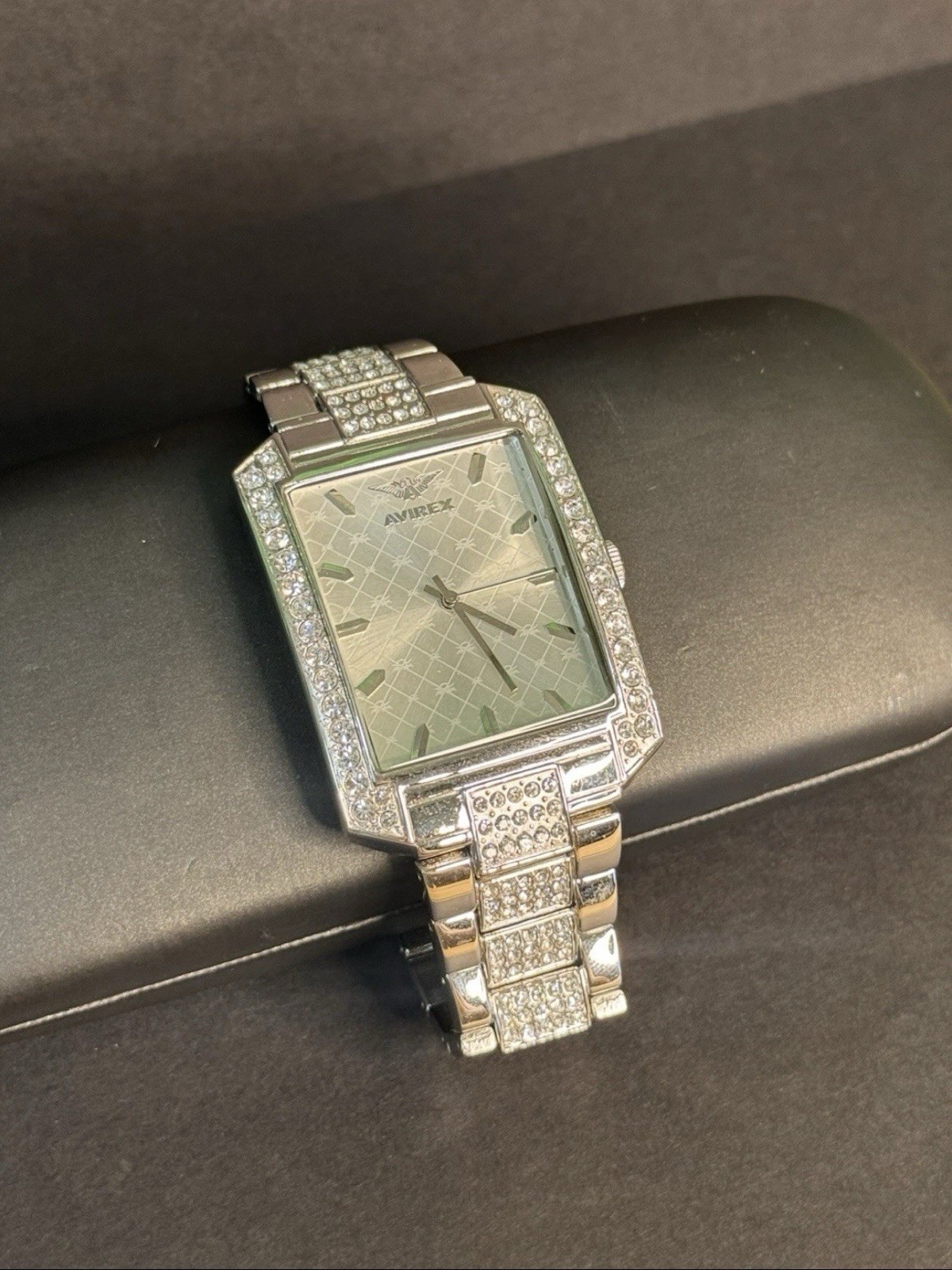 Avirex Men’s Rhinestone Watch – Silver Tone Rectangle Face Bling Iced Out