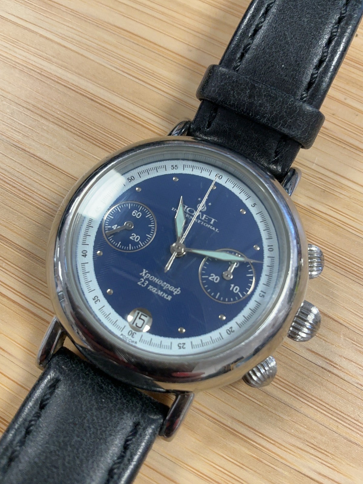Vintage Poljot 3133 Model International Round Chrono Blue Dial Mechanical Watch