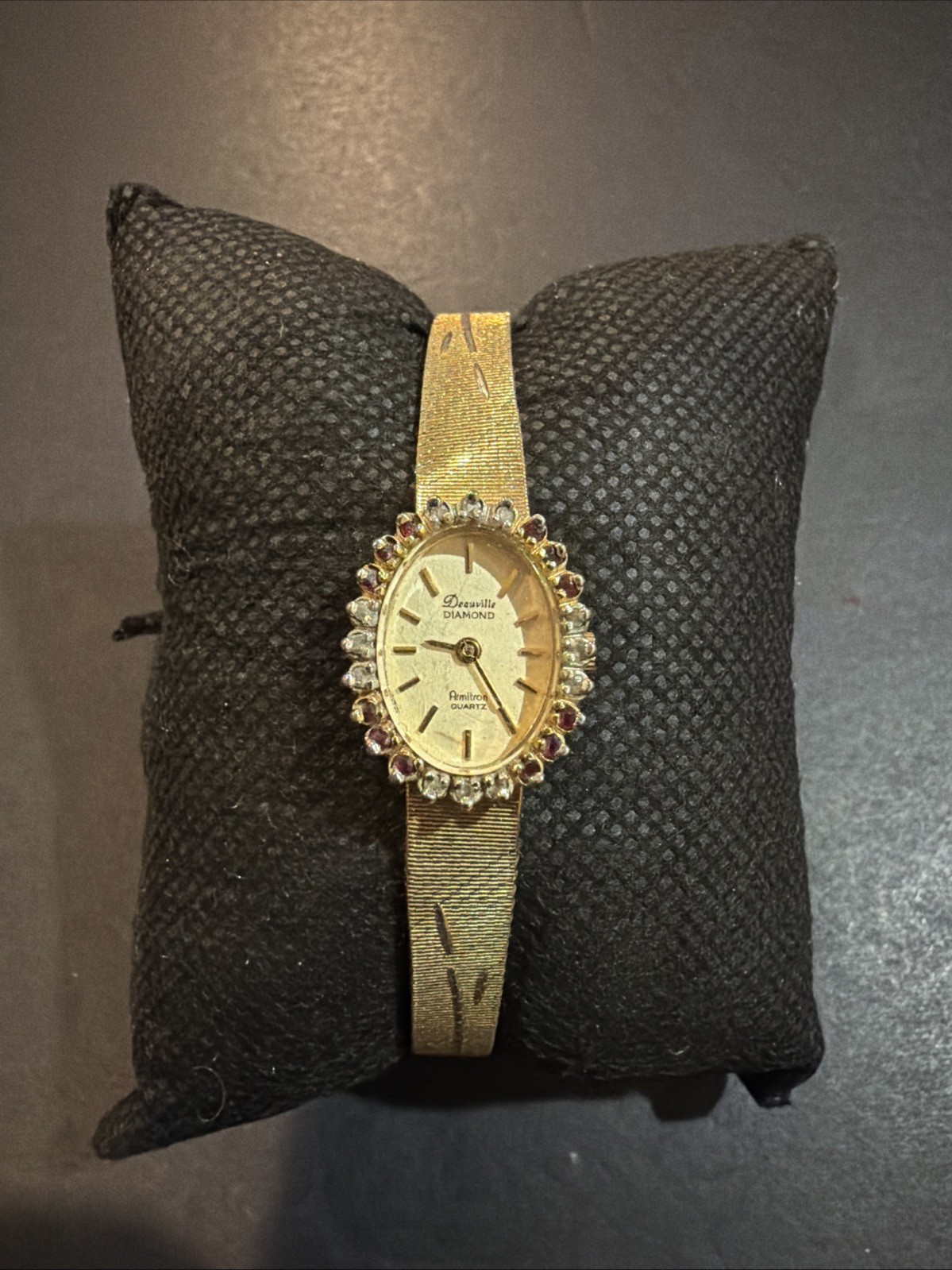 Vintage Deauville Armitron Quartz Diamonds & Ruby Bezel Watch