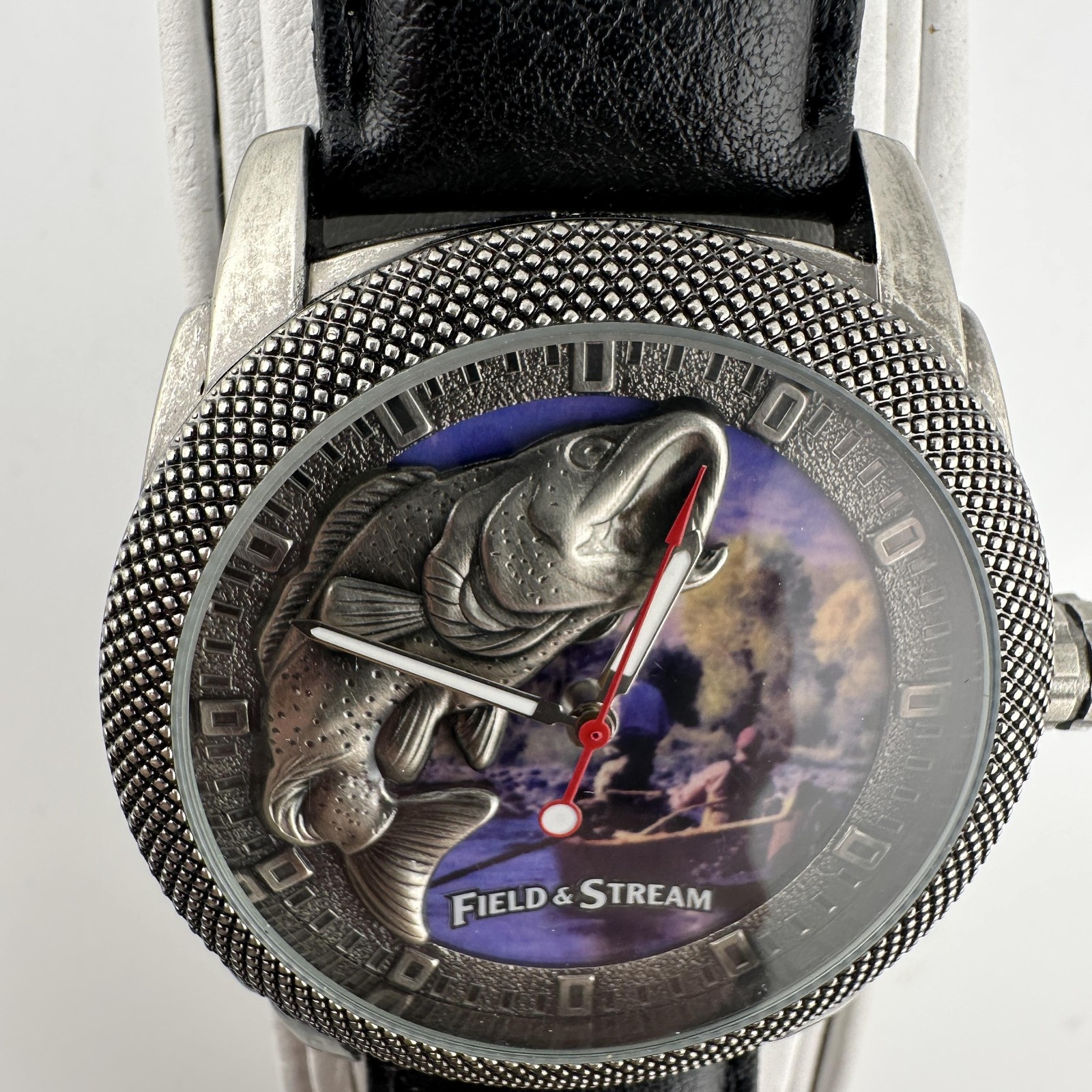 Field & Stream Mens Watch 45mm Multicolor Fish Dial Silver Case Black Leather