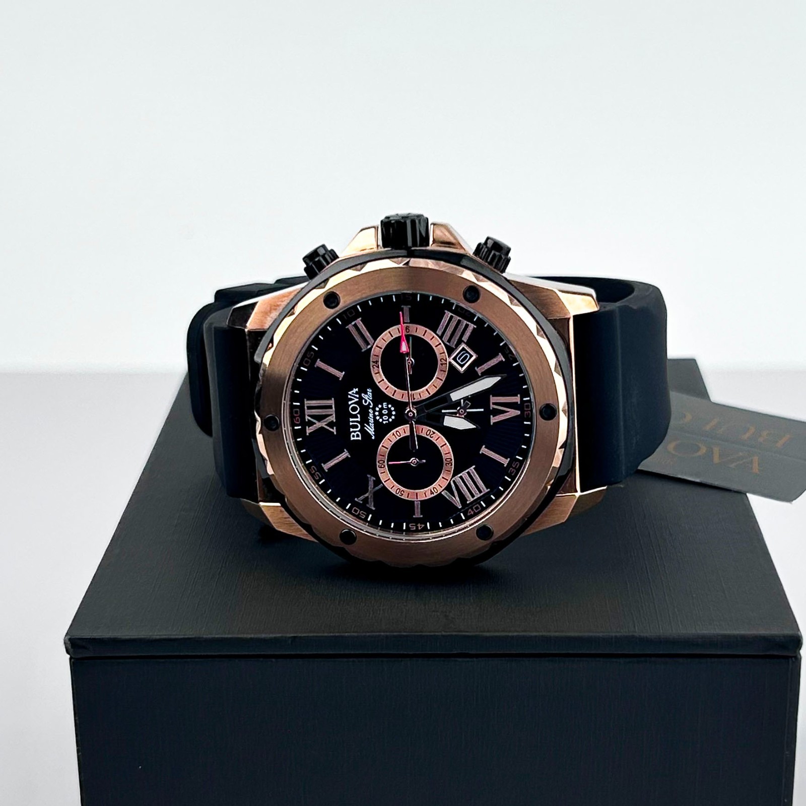 Bulova Marine Star 98B104 Men’s Black Dial Black Rubber Strap Quartz Watch 44mm