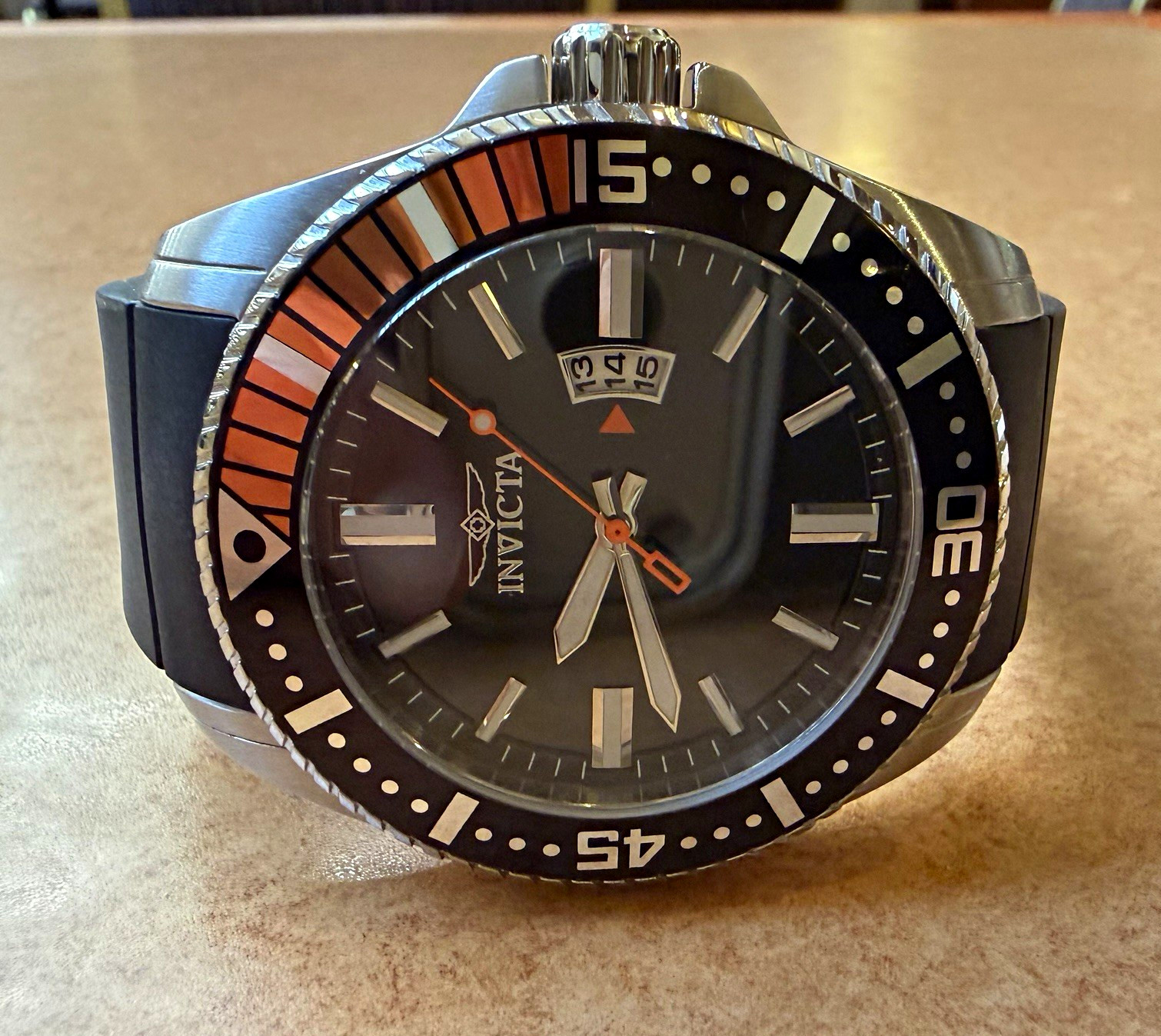 Invicta Men’s Diver Analog Watch Black Dial Date Black Rubber Strap Orange Bezel