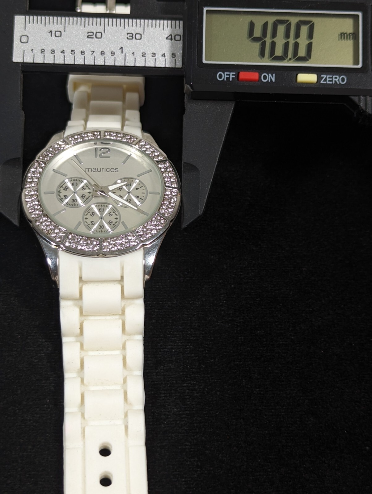 Maurices Womans Silver Tone Dial Crystal Accent White Silicone Band Watch 8.5 in