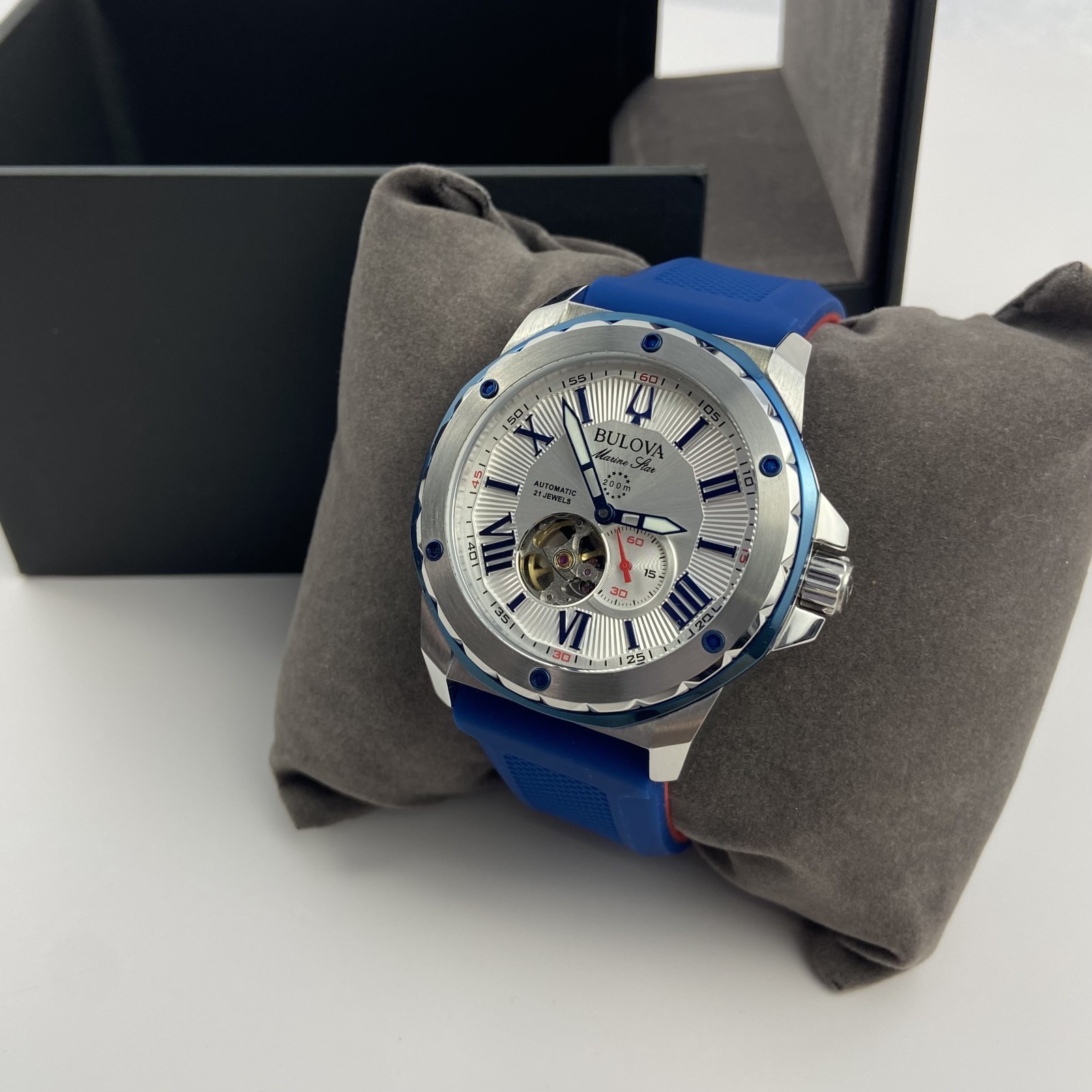Bulova 98A225 Marine Star Automatic White Dial Blue Rubber Strap Men’s 45mm