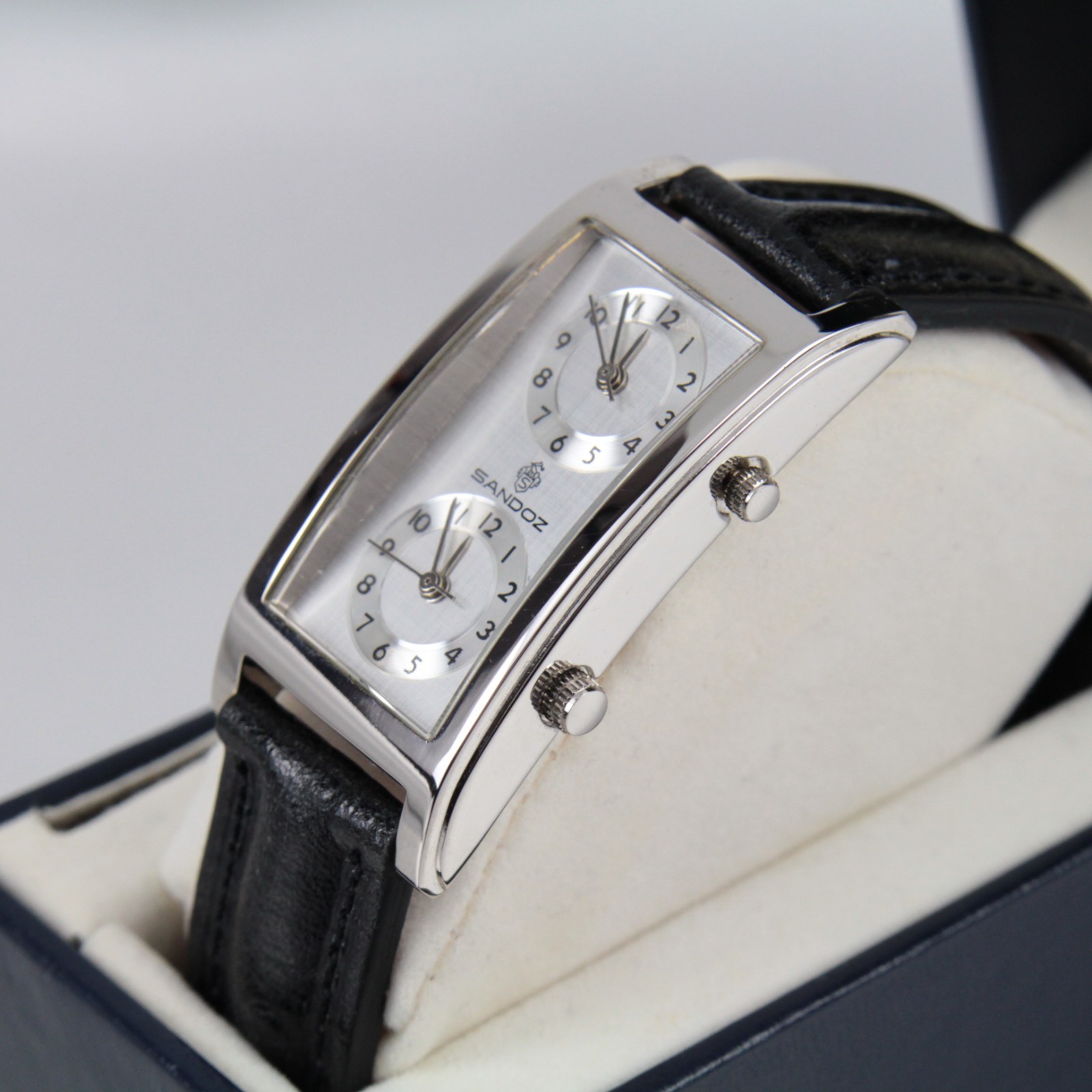 SANDOZ Dual Time Quartz Men’s Watch Silver Dial 22 x 36mm w/Original Box